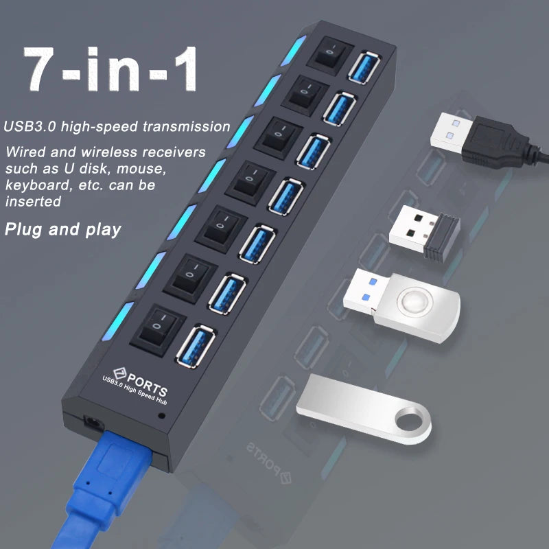 Hub USB 3.0 Haute vitesse -4 ou 7 Port pour PC et ordinateur portable